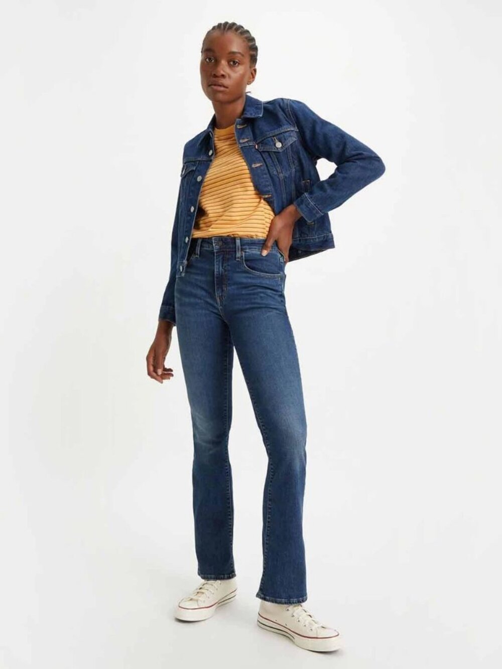 NWT LEVI'S 725 Blue Wave Dark High Rise Bootcut Jeans, Size 27